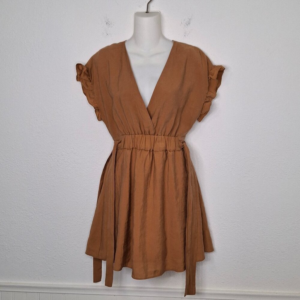 Zara Tie Waist Mini Dress Sz M Elastic Waist Safari Minimalist Neutral Boho